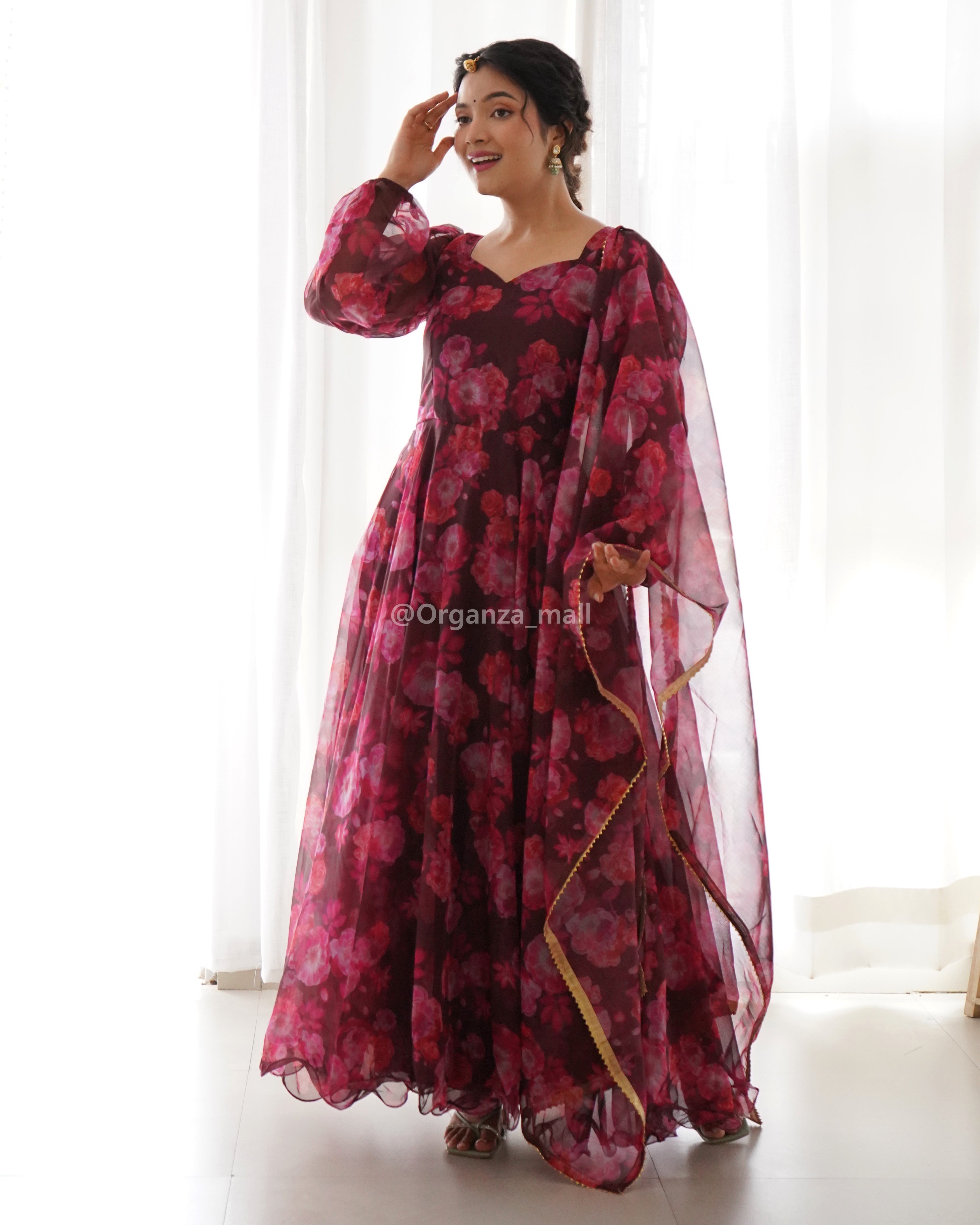 Maroon Color Party Wear Indo Western Readymade Gown In Art Silk Fabric With  Embroidery Work